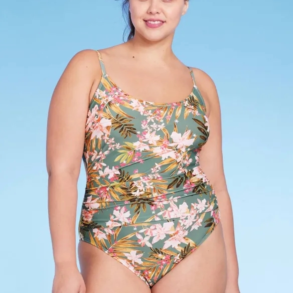 KONA Sol Women's Tropical Floral Print Shirred One Piece Swimsuit Green Sz L